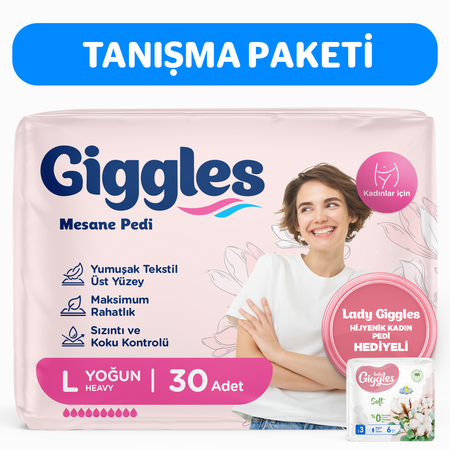 Giggles Yetişkin Kadın Mesane Pedi Large 10'lu 3 Paket 30 Adet - Lady Soft Hijyenik Ped Gece 6'lı 1 Paket 6 Adet Hediyeli